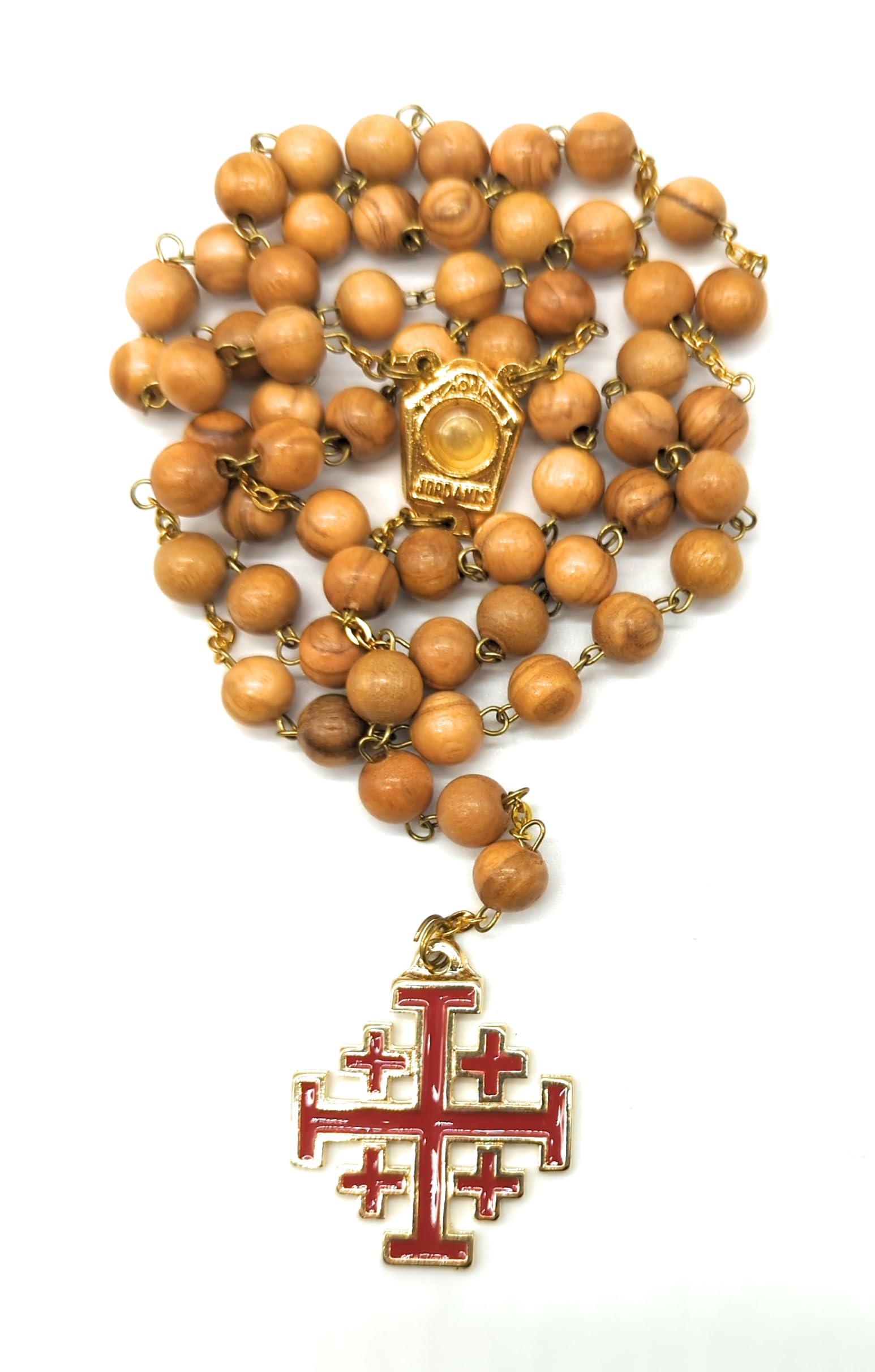 OVUNQUE PROTEGGIMI Rosario con croce di Gerusalemme e grani in vero ulivo, crocera con acqua del Giordano. Olive wood rosary with Jerusalem cross.