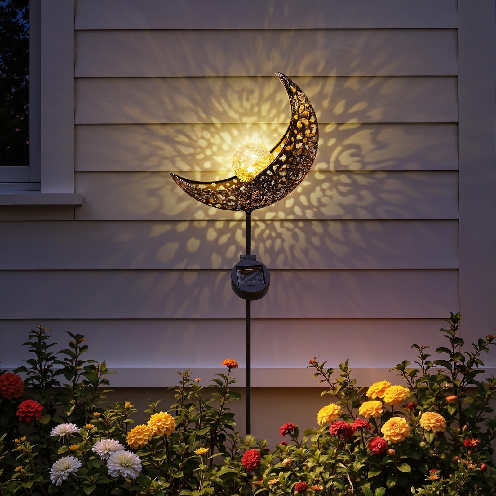 Warmiehomy Solar Garden Lights, Retro Metal Hollow Moon Lamp with Cracked Glass Ball, Dual Mode Warm LED Solar Lights Outdoor Garden Ornaments, Waterproof Stake Lights for Garden Patio Lawn Pathway