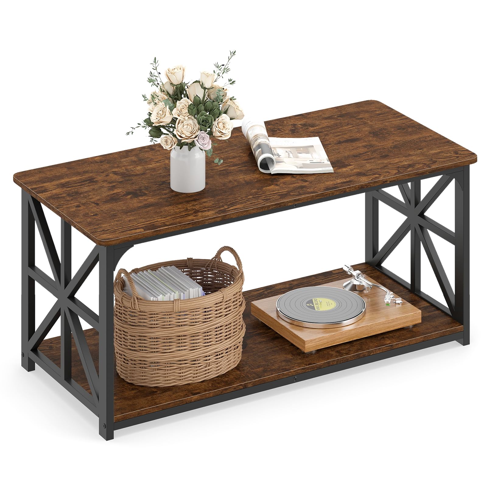 COSTWAY 2-Tier Coffee Table, Industrial Rectangle Cocktail Center Table with Open Storage Shelf, Metal Frame Wooden Accent Sofa Side Tea Tables for Living Room Office, 109x50x48cm (Rustic Brown+Black)