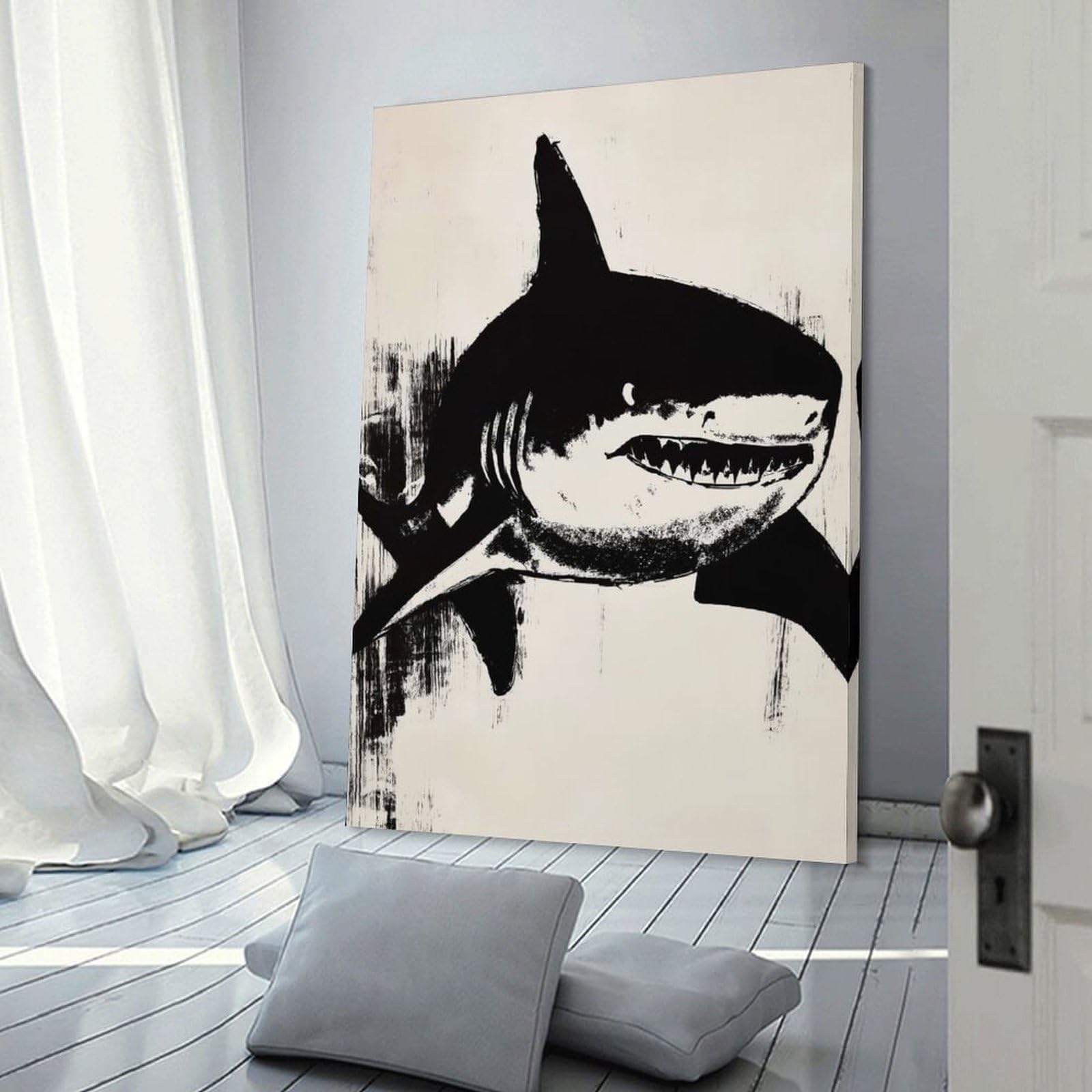 Junmoney Shark Ink Illustration Wall Picture Print 16x24inch(40x60cm), for Work Areas, Reading Rooms Or Studios, An Interior Accent for Desk Areas