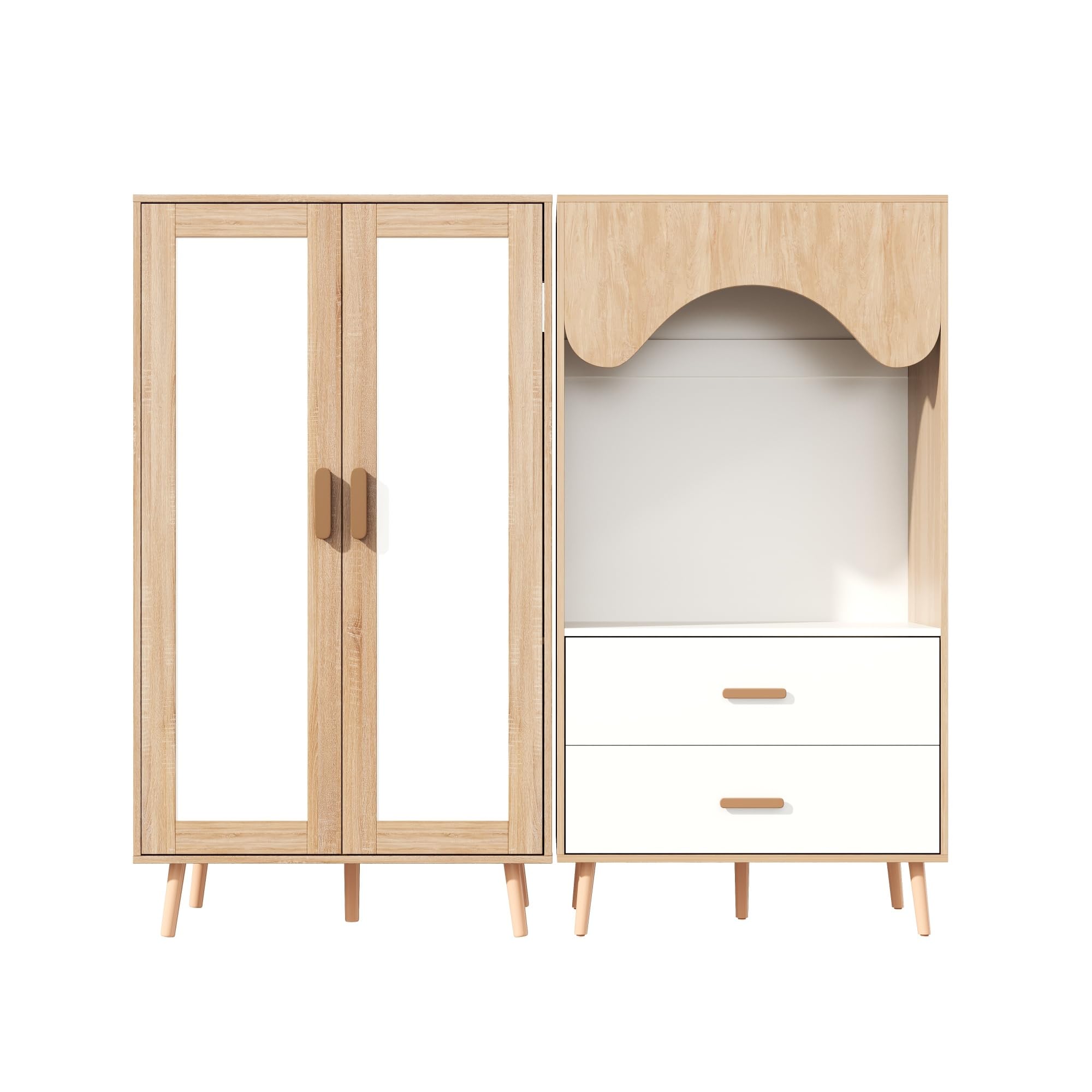 Armario infantil, juego con armario de dos puertas y abierto, para dormitorio, con barra para colgar y cajones, en color blanco y madera, 160 x 46 x 141,5 cm, Natural+Blanco