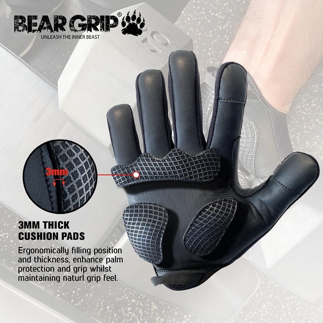 Gants D'Haltérophilie Et Fitness BEAR GRIP - Paume Rembourrée En Gel, Cuir Renforcé, Antidérapants - Pour CrossFit, Musculation, Cyclisme - 13