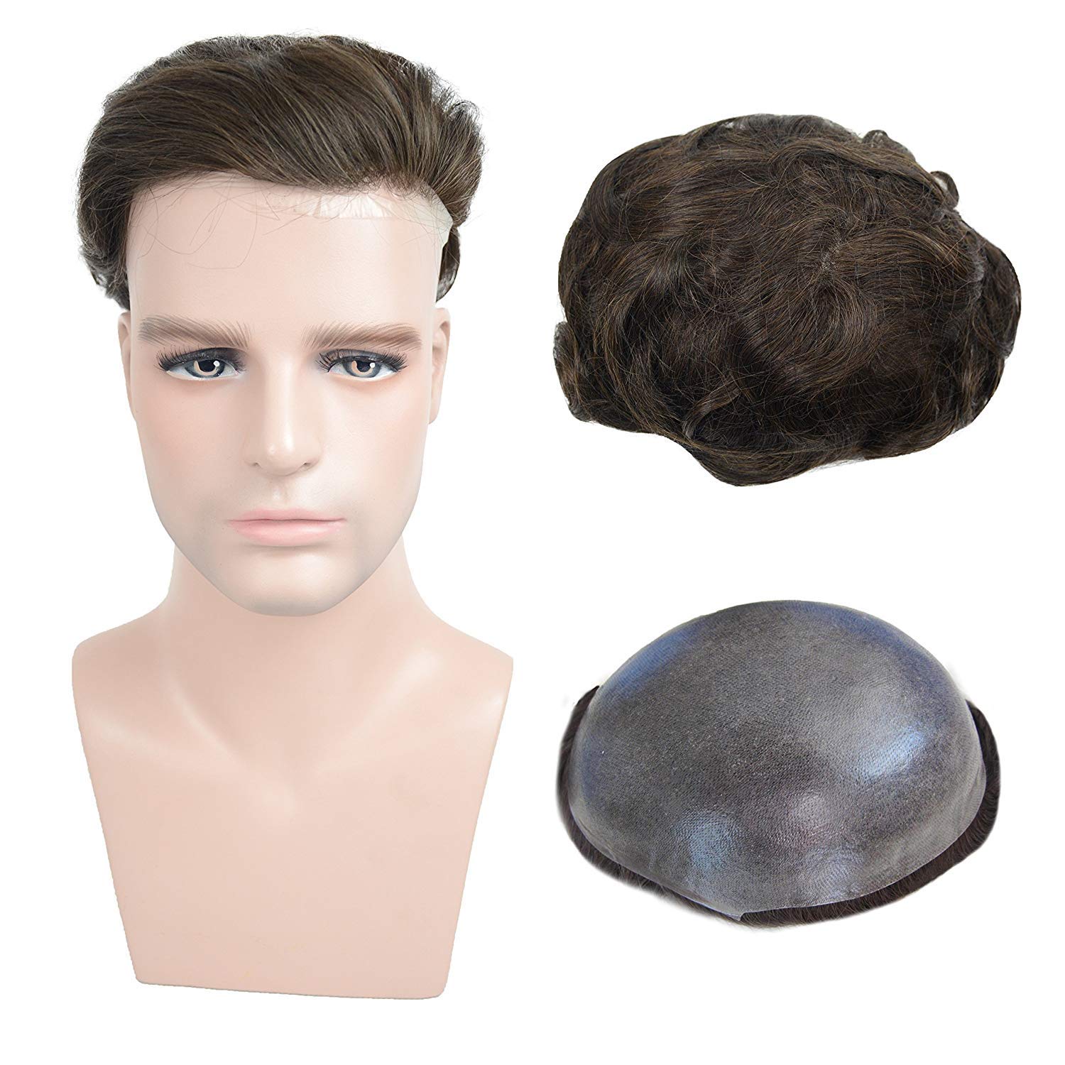 Amiable Premium Human Hair Toupee for Men, 0.06mm Thin Skin V-Loop Hair System, 8x10 PU Base Hairpiece #3 Brown