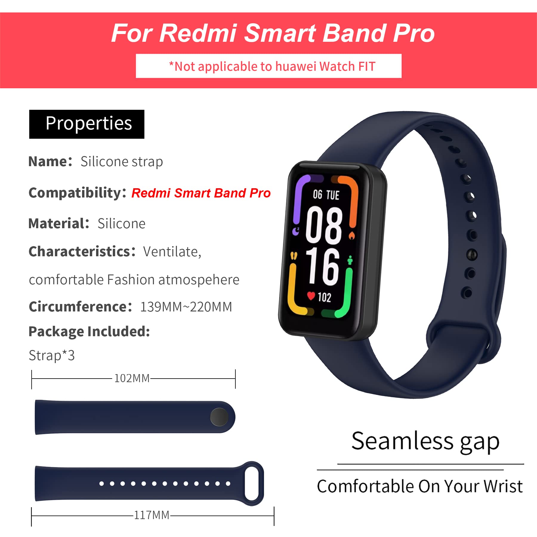 SenMore 3 PCS Bracelet En Silicone Pour Redmi Smart Band Pro Sangle De Rechange Fitness Respirant 1095418