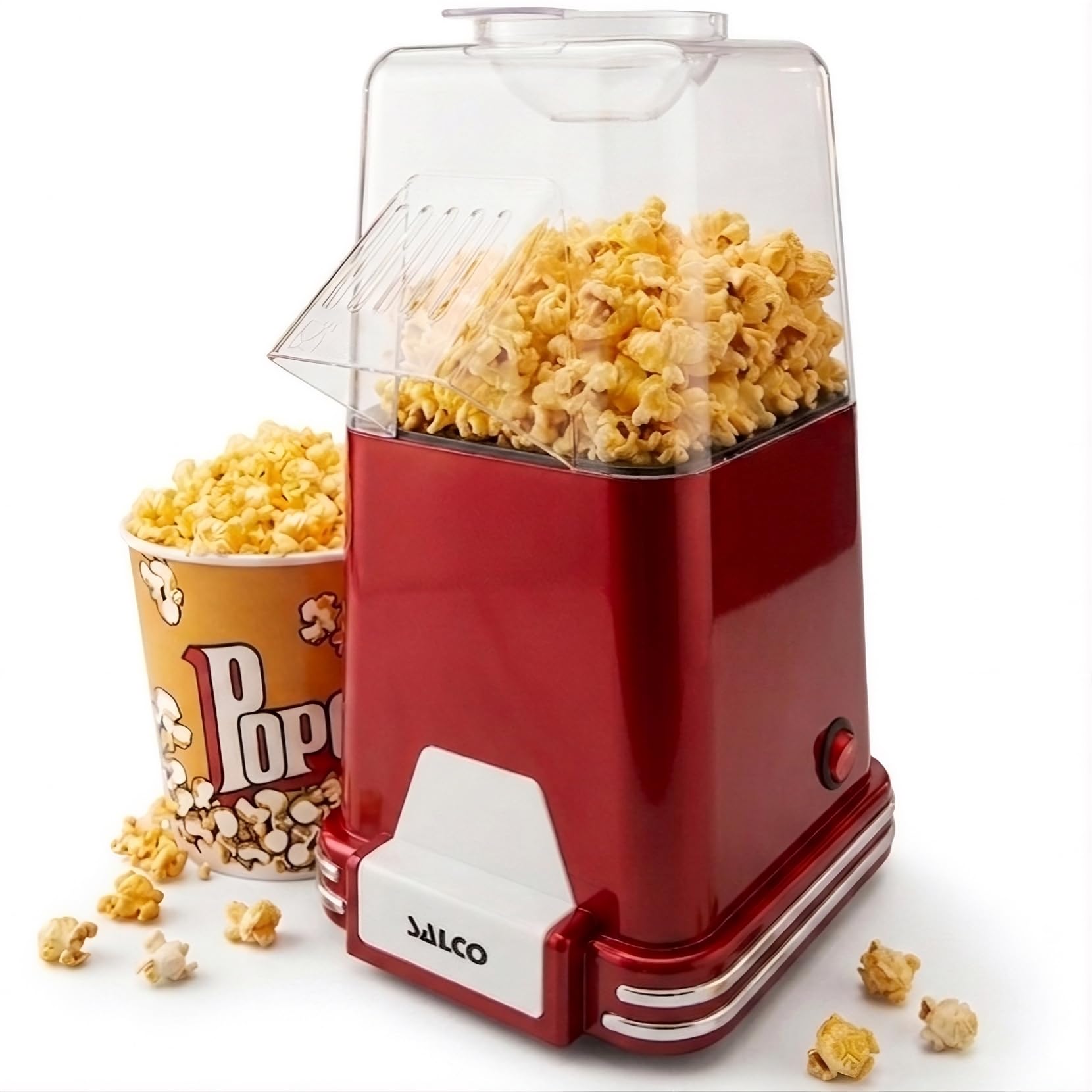 Salco Máquina de Palomitas | Retro Popcorn Maker con diseño años 50 | Tecnología de aire caliente | Sin aceite y sin grasa | 1100W | Preparación rápida | Rojo