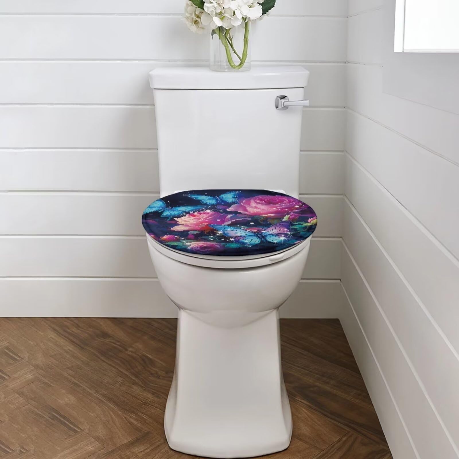 Bivxisrvo Rose Butterfly Toilet Seat Lid Cover Polyester Fabric Dustproof Toilet Seat Covers for Bathroom Tank Protector Cover Keep Clean Tidy Universal for Most Toilet Bowl Lids