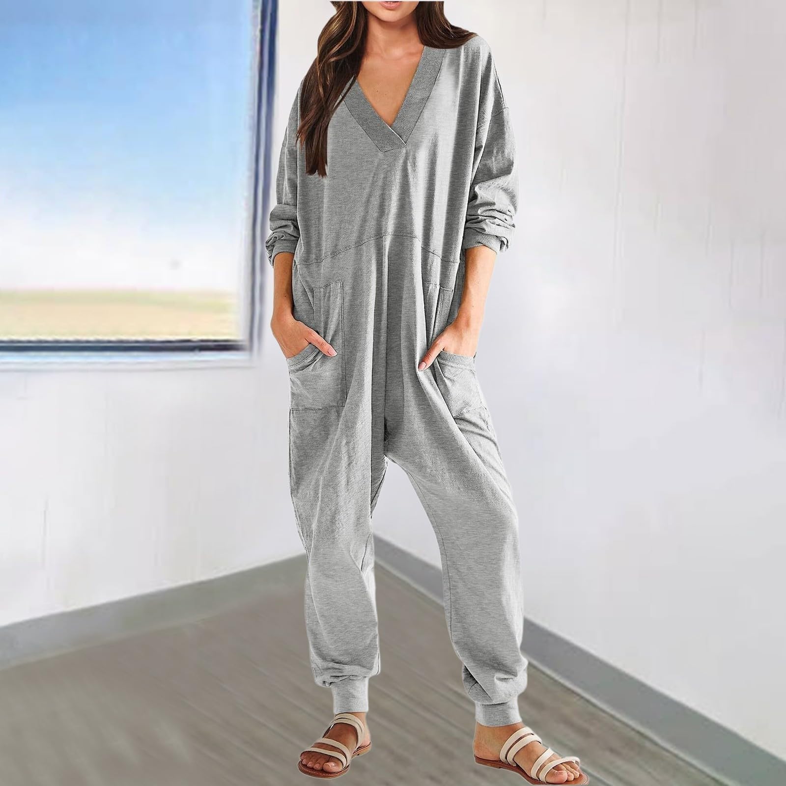 Combinaison à manches longues pour femme - Salopette ample avec poche - Col en V - Pyjama une pièce - Combinaison surdimensionnée légère et respirante - Baggy confortable - Vêtement de nuit sportif