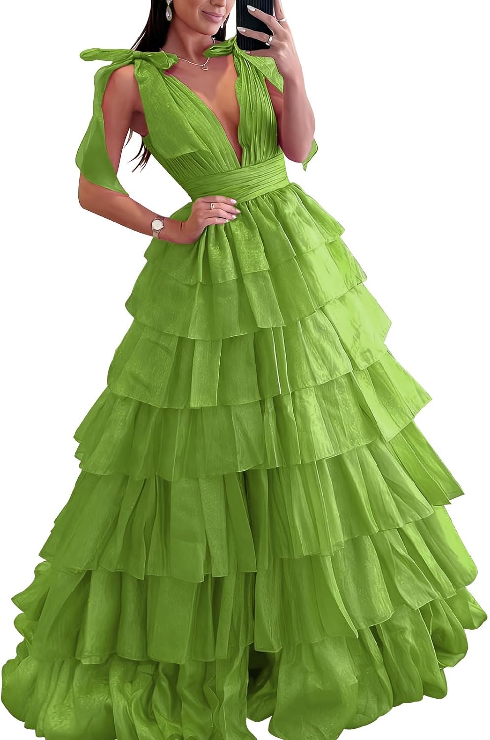 ManDu Deep V Neck Tulle Prom Dresses for Teens A Line Tiered Ball Gowns Ruffle Formal Evening Party Gowns with Slit