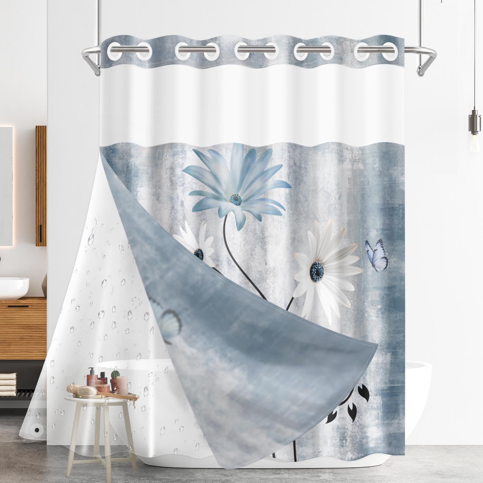 Nesphy Daisy Shower Curtain Set - 54x80 Inch, Snap-On Liner, See-Through Mesh Top, No Hooks Needed - View #2
