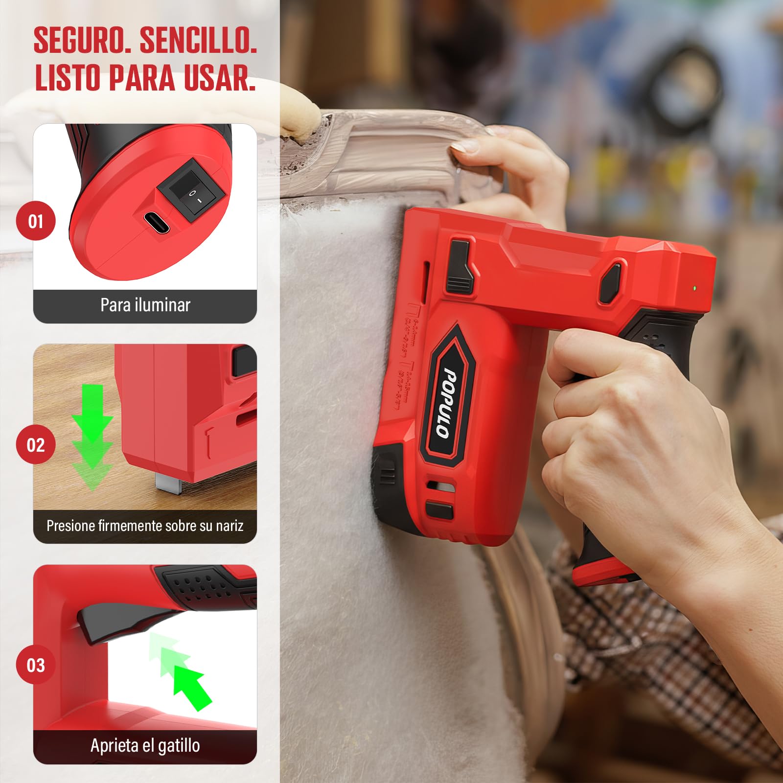 POPULO Pistola grapadora eléctrica, 2 en 1, grapadora eléctrica Tacker 4V, kit de clavadora Brad inalámbrica de 4V, pistola de clavos alimentada por batería para tapicería, carpintería, bricolaje con