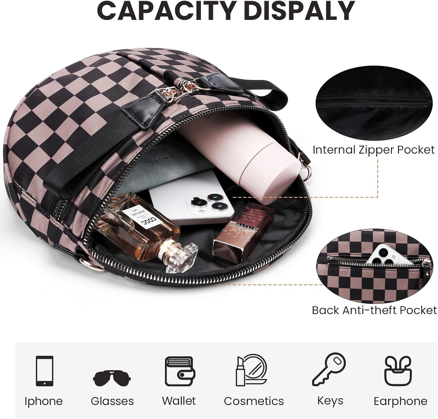 hibear Checkered Crossbody Bag Spacious Bum Bags for Women Nylon Crossbody Fanny Packs Checkered Purse Belt Wallet - Image 3