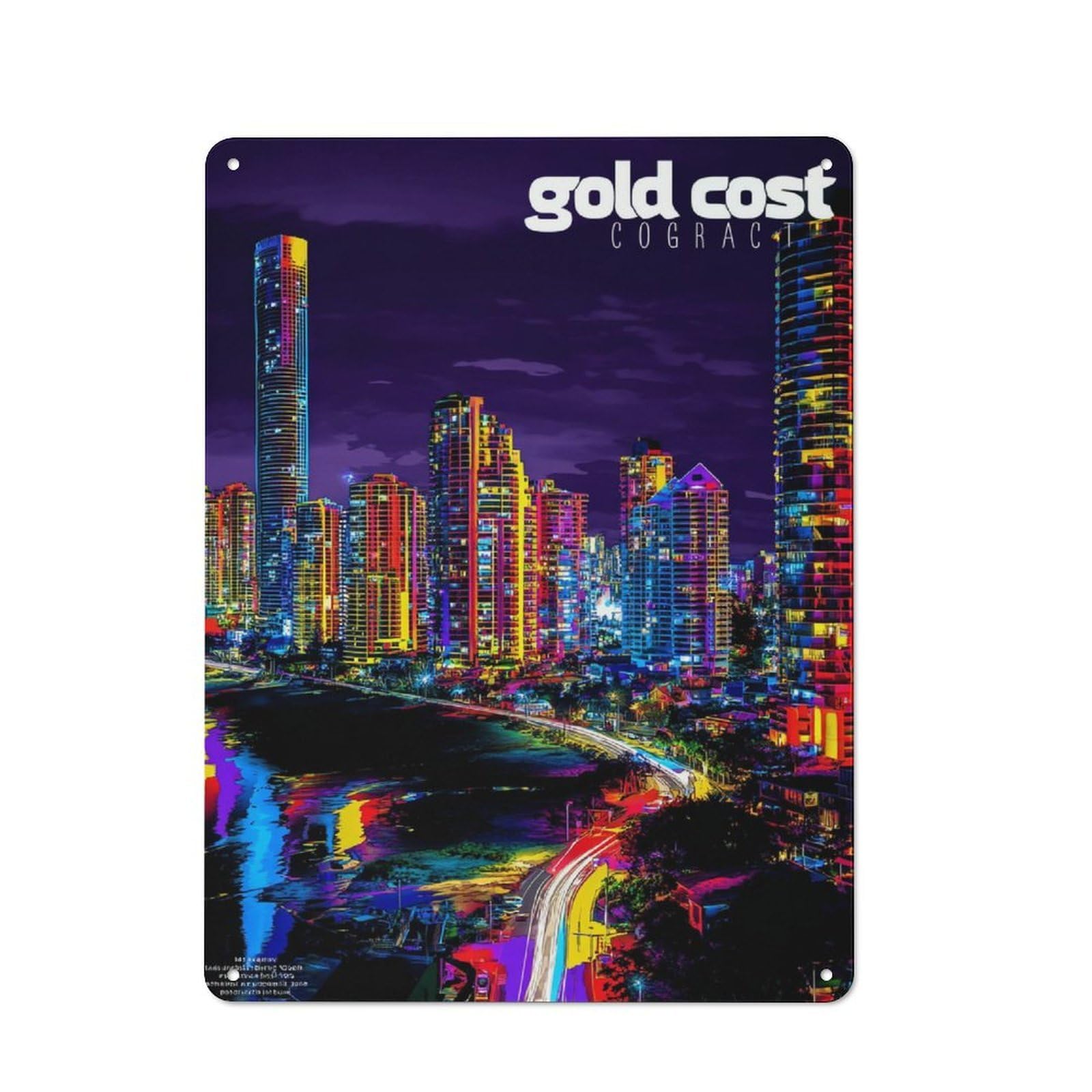 Vibrant Gold Coast Nightscape Old Style Metal Wall Decor 40x30cm, Decorative Tin Plaque for Cafe, Pub, Workshop Or Home Bar