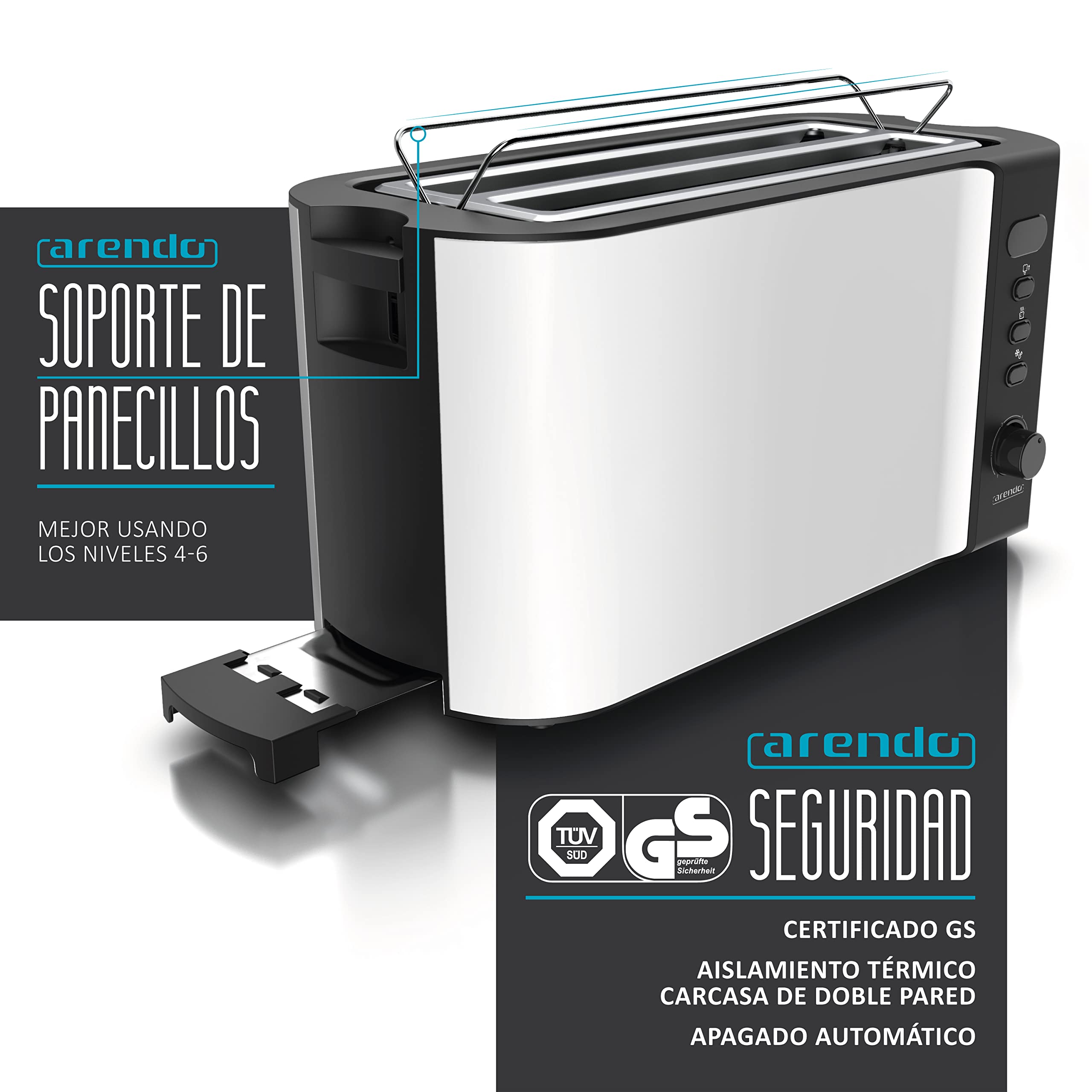 Arendo - Tostadora 4 rebanadas con ranuras largas - 1500 W - 6 niveles - Pantalla indicadora - Descongelación y calentamiento - Soporte panecillos - Bandeja de migas - Doble pared - Acero inoxidable