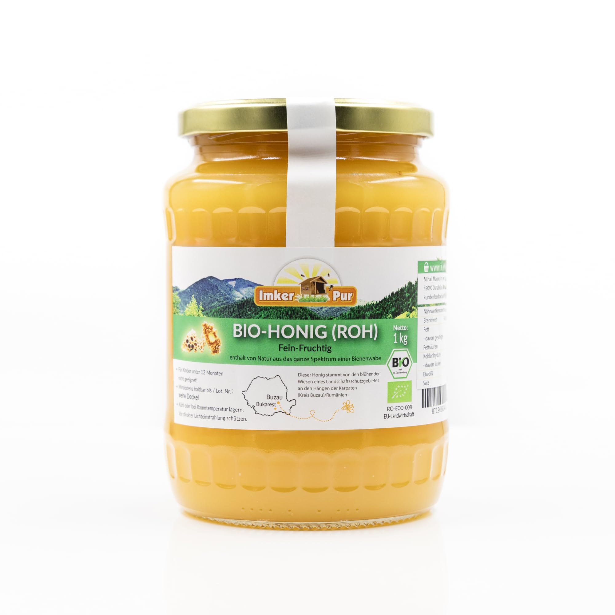 BIO Honig (roh) von ImkerPur, nicht geschleudert oder erhitzt, enthält Blütenpollen, Bienenwachs und andere natürliche Bestandteile (1000 g Roher Honig BIO)