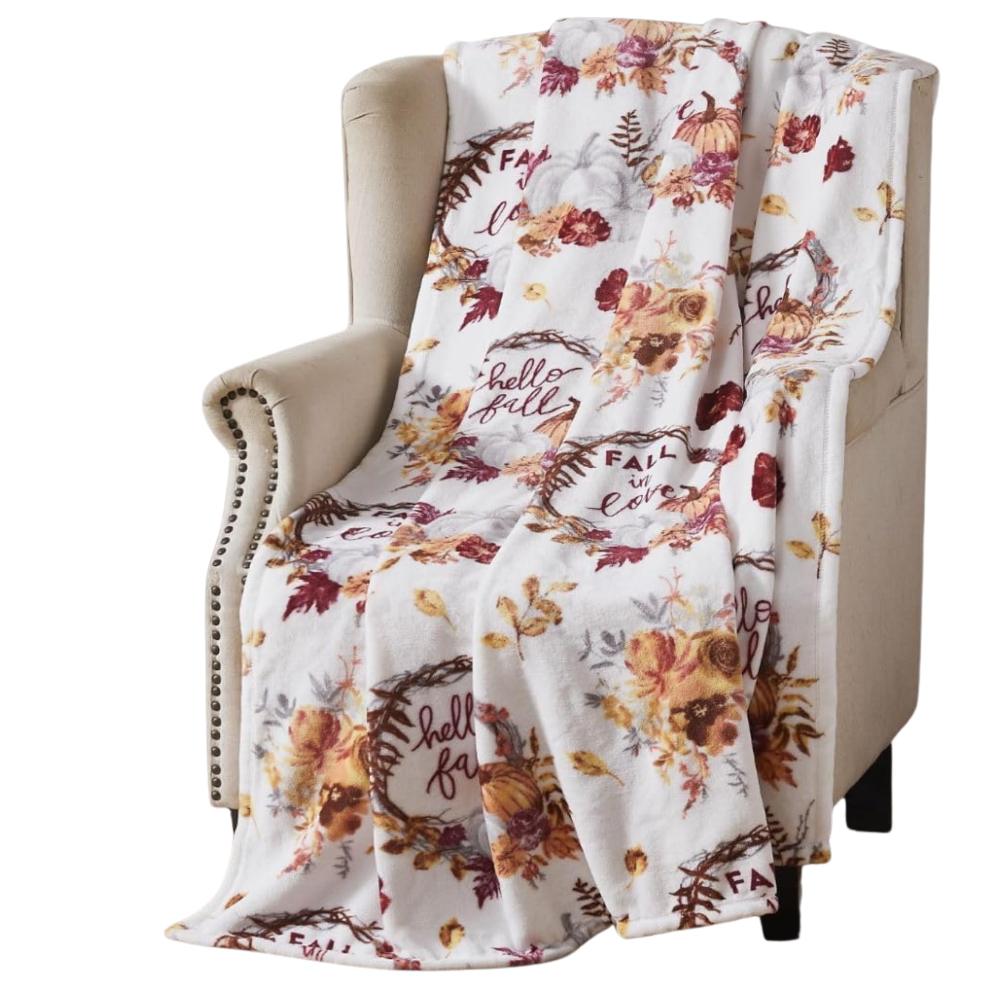 Home Decor Soft Fall Fleece Throw Blanket: Harvest Love Fall in Love Pumpkin Floral Oversized Measures 70" inches x 50" inches — image 1