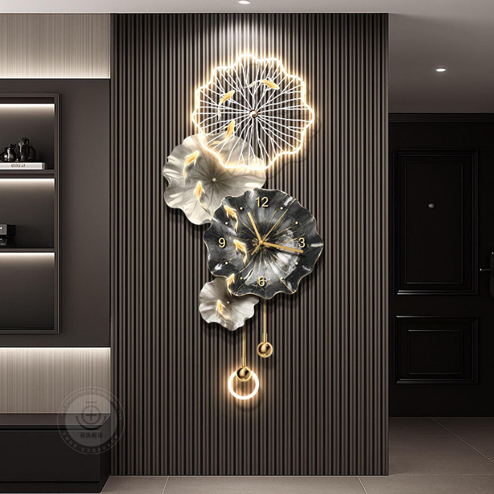 Orologio da Parete 3D Moderno con Luce LED, Grande Quadro Decorativo da Appendere, Orologio Decorativo per la casa, Lampada per Cucina, Soggiorno o Sala da Pranzo, Ingresso (Nero, 15,7 * 33,8"