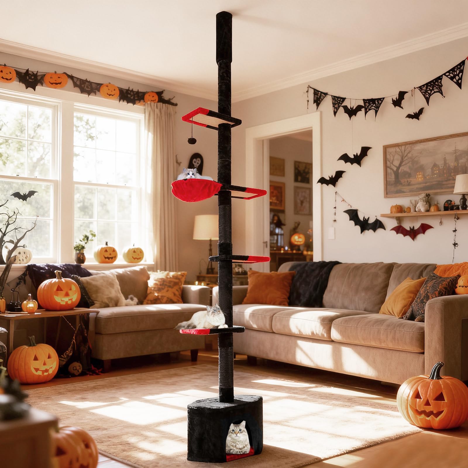 COSTWAY Árbol Rascador para Gatos Gótico de Suelo a Techo, Ajustable de 245-300 cm, Torre Alta de 5 Niveles con Caseta, Hamaca, Postes Rascadores de Sisal, Bola Colgante, Casa de Juegos para Gatitos