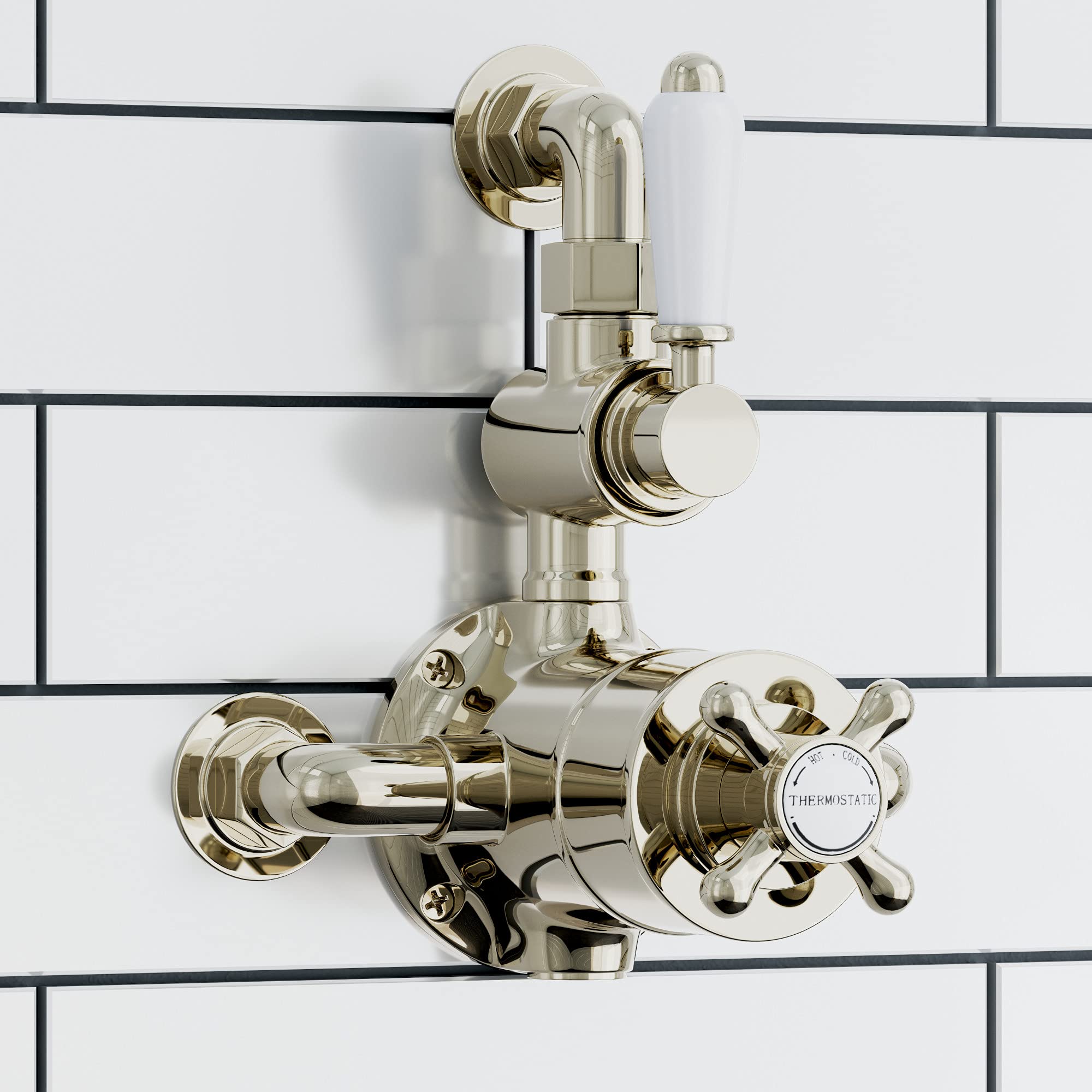 ENKI, Downton, T110, Traditional Thermostatic Shower Valve with Return to Wall Bend, Semi-Concealed Shower Valve, Gold and White