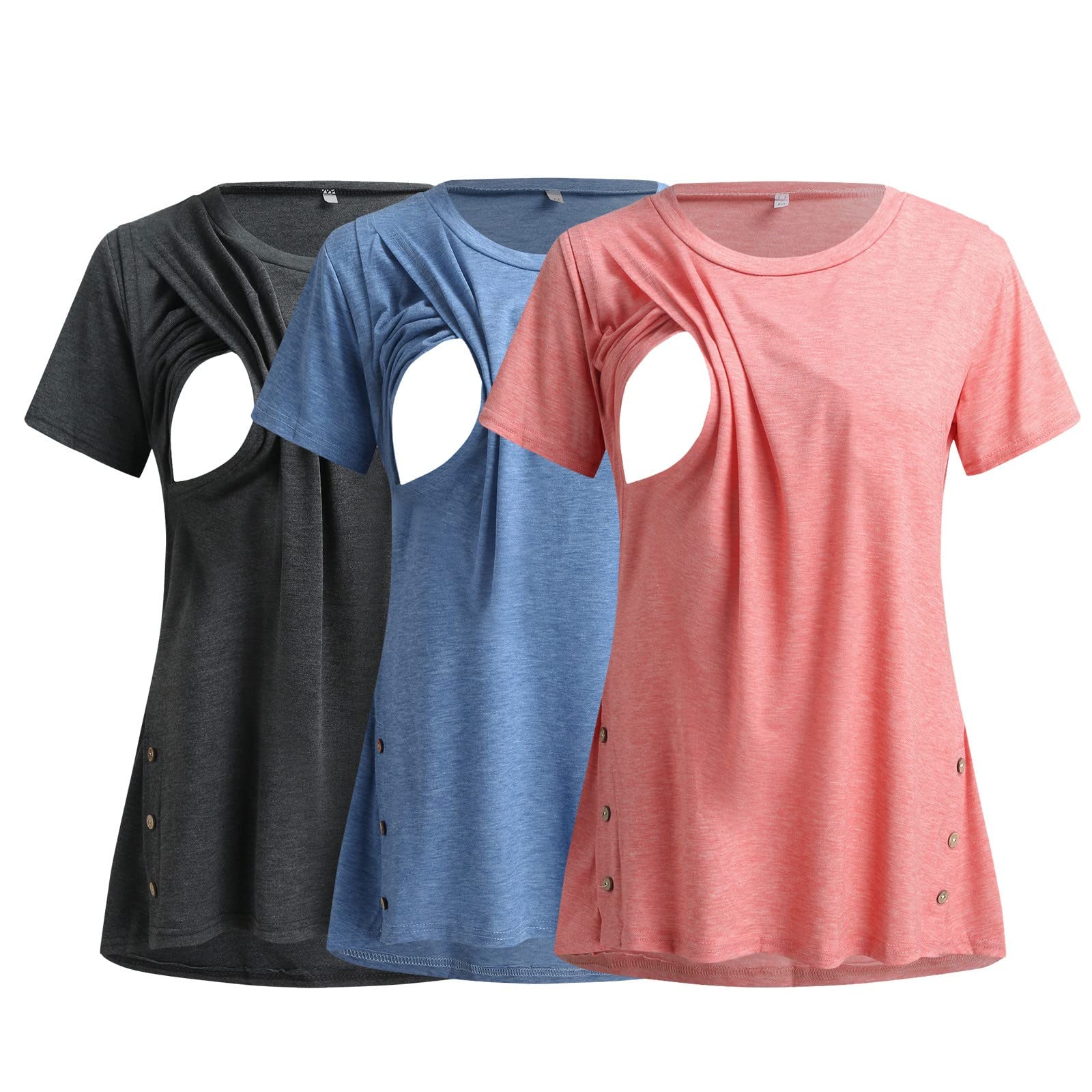 Lot de 3 t-shirts de maternité à manches courtes et col rond pour femme - Couleur unie - Pour l'allaitement