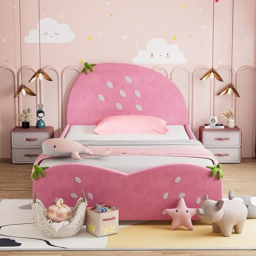 Miniatura 37 de HONEY JOY Marco de cama individual para niños, plataforma de cama individual de madera con cabecera y base de listones, no necesita somier, muebles