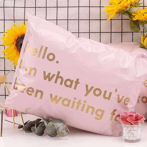 Miniatura 9 de Bolsa de envío RUSPEPA de polietileno con autoadhesivo, diseño con texto empresarial impreso, 50 paquetes de 12 x 15,5 pulgadas, color rosa.