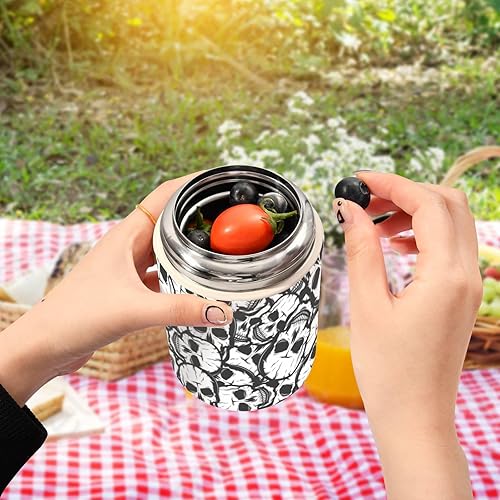 Miniatura 5 de Skulls Black White Kids Womens Food Insulated Jar with Spoon 17oz500ml Food Storage Containers Stainless Steel Vacuum Keep Warm Lunch Container for
