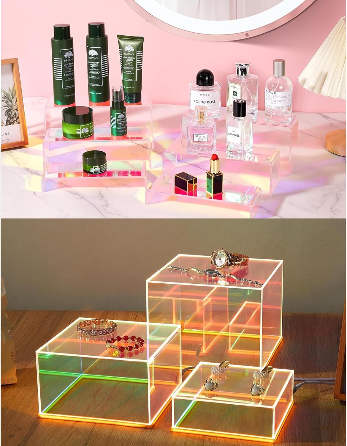 LED & Non-Lighted Rainbow Acrylic Riser Set - 9 Pcs for Impactful Dessert, Collectible & Christmas Displays