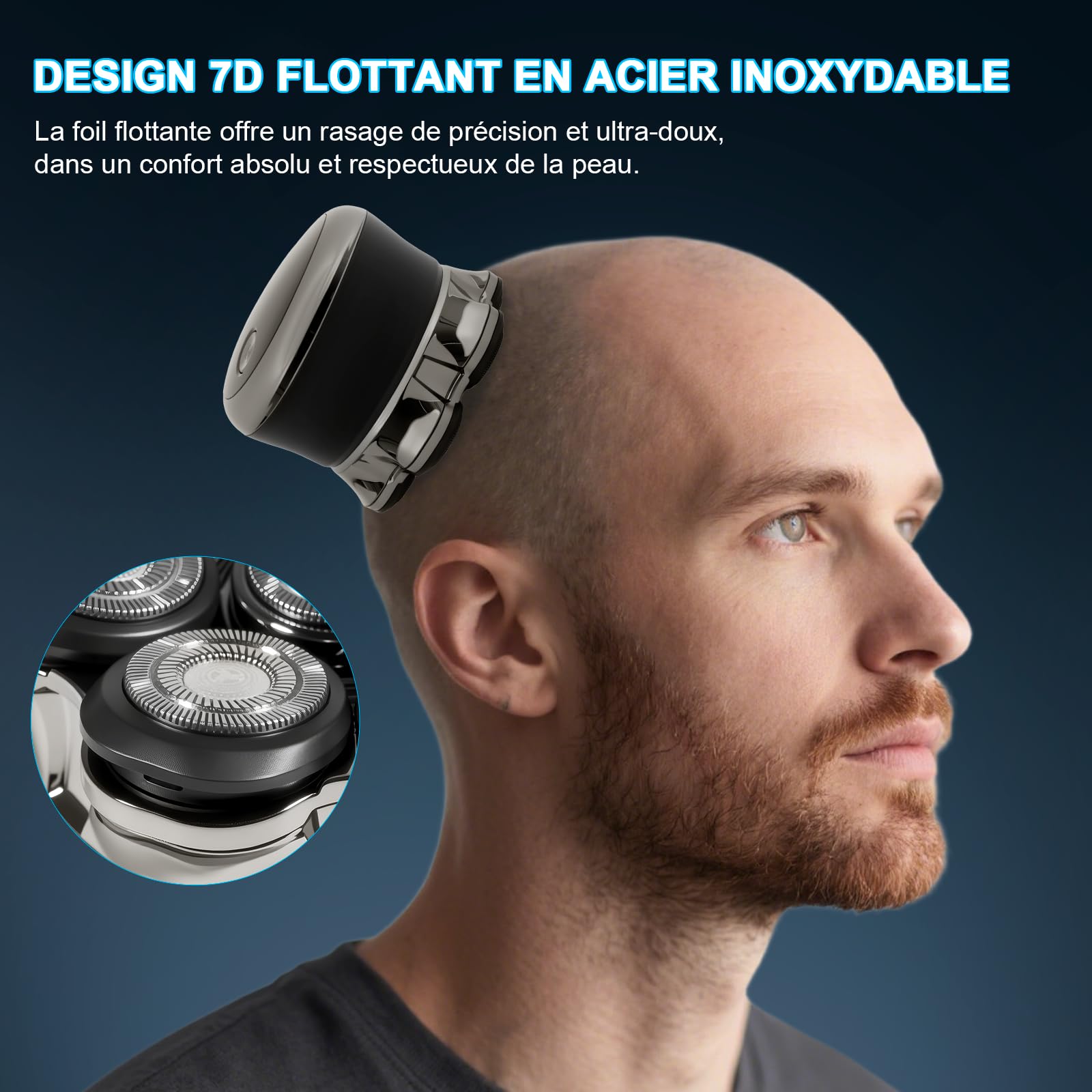 Carehabi Rasoir de Tête Chauve electriques pour Homme, IPX6 Étanche, Rechargeable, Interface Type-C, Tête Flottante Magnétique 7D, Nettoyage Facile, Autonomie de la Batterie Jusqu'à 120 Minutes