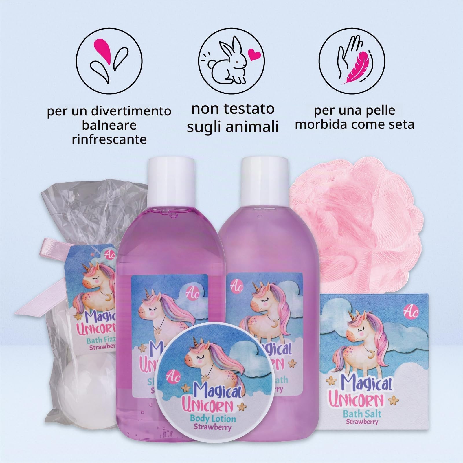 Accentra – Set regalo Magic Unicor per ragazze e donne – Set doccia 6 pezzi con bagno di schiuma, bomba da bagno, gel doccia, lozione per il corpo e altro ancora – Set per la cura con fragola e