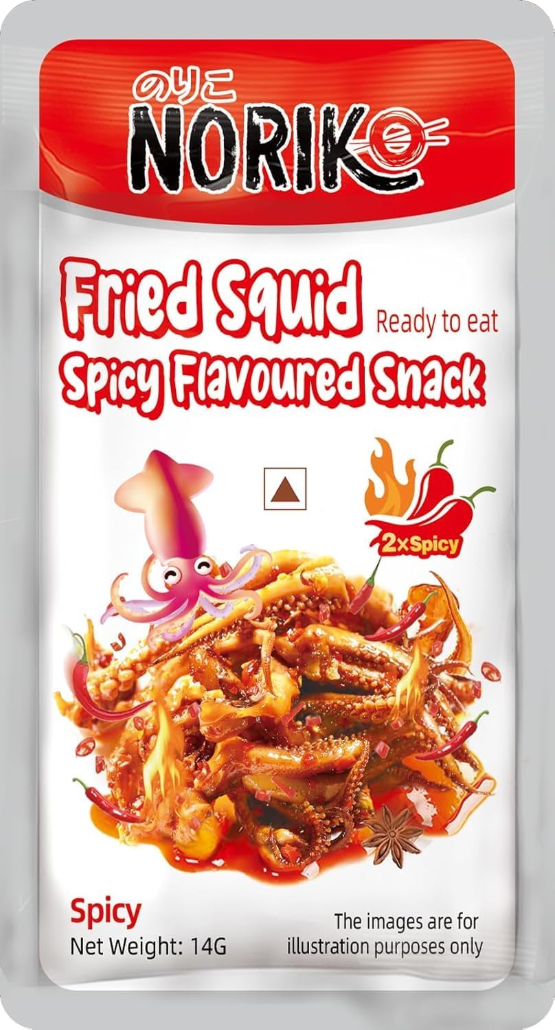 Noriko Fried Squid Spicy Flavoured Snack, Ready to Eat Seafood Snack, 14g, Pack of 20 1