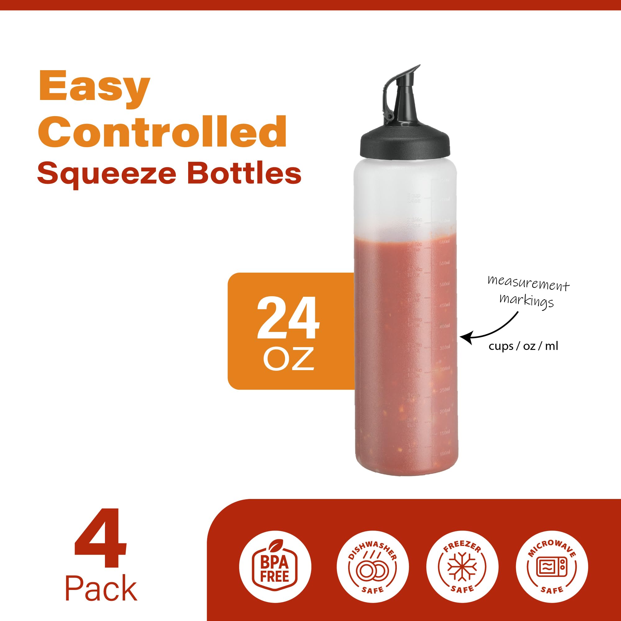 MIGHTY STRONG Paquete de 4 botellas exprimibles de condimentos de 24 onzas, botellas de salsa fáciles de verter con tapa a prueba de fugas, botellas de plástico para salsas, botellas de condimentos,