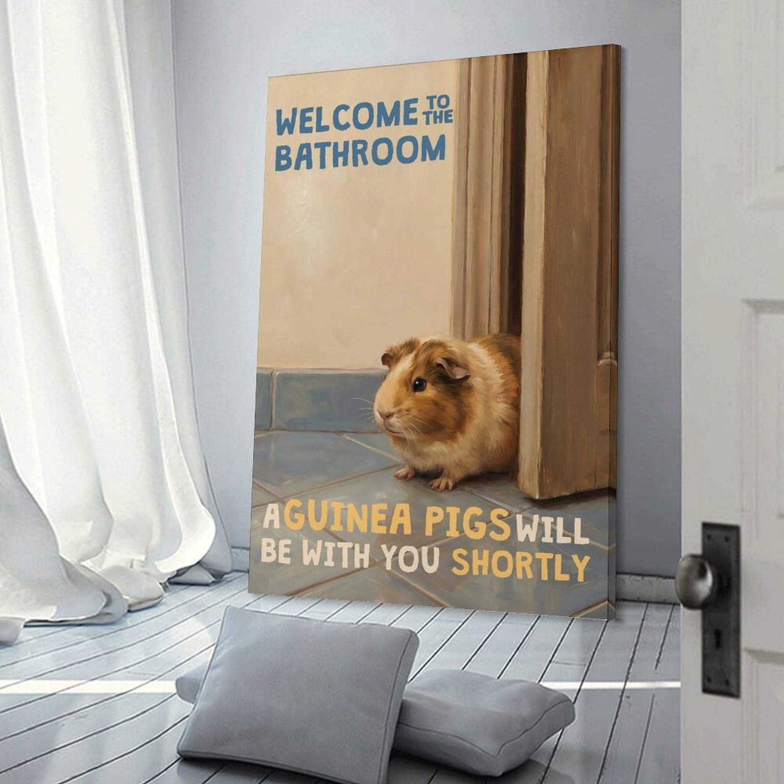 Junmoney Frame-Style-20 Welcome To The Bathroom Guinea Pig Canvas Wall Picture, 20X30inch(50X75cm), For Study, Office Or Focused Interiors, Home Office Artwork With Decorative Appeal