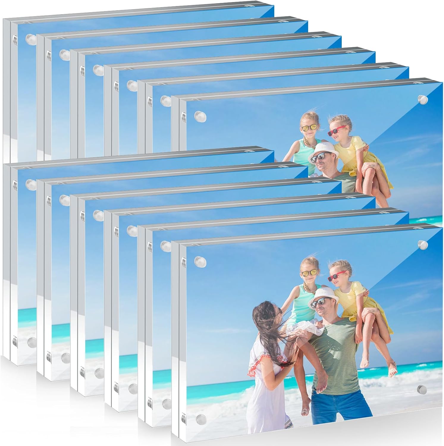 12 Pack 4X6in Acrylic Picture Frame, Clear Picture Frames Double Sided Magnetic Freestanding Photo Block Frame Desktop Display Floating Frameless Acrylic Frame Stand