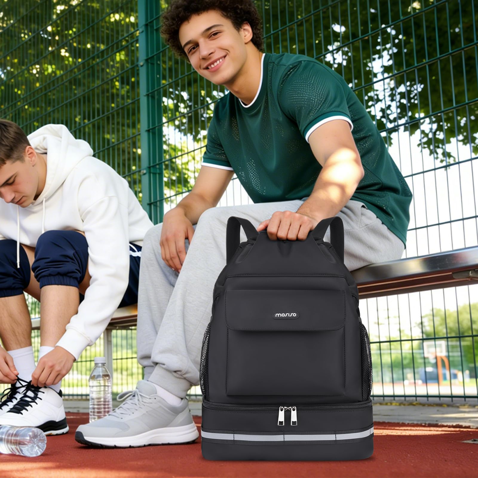 MOSISO Bolsa de Gimnasio para Mujerr y Hombre, Mochila Deportiva con Cordón con Compartimento para Zapatos&Bolsillo Frontal, Bolsa Viaje para Fitness para Viajes Deportes Yoga, Negro