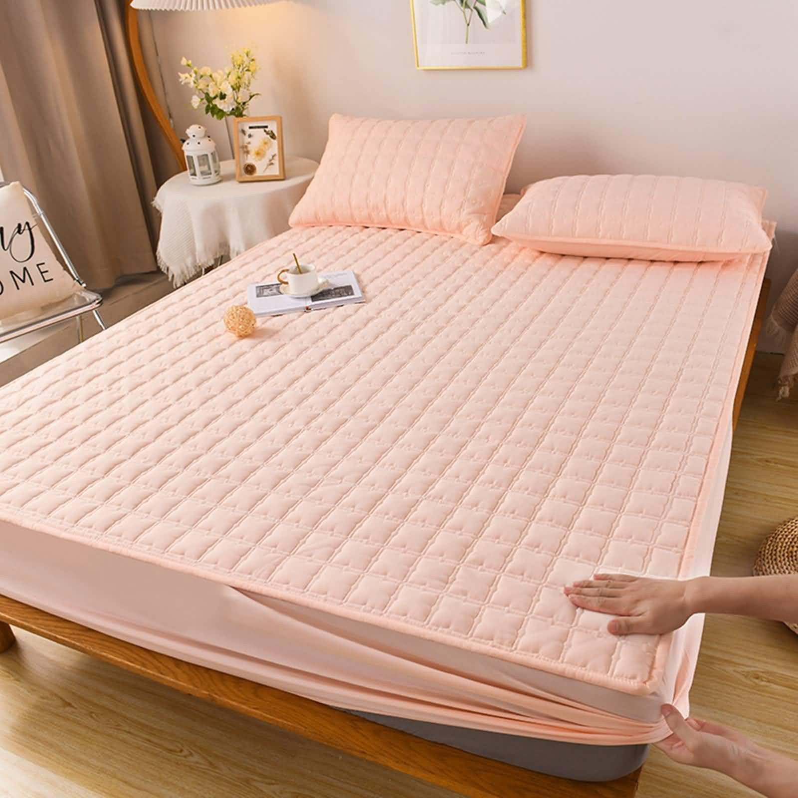 Daesar Spannbettlaken Topper 180x200 mit 2 Kissenbezüge 48x74CM, Spannleintuch Boxspringbett Polyester Einfarbig mit Kariert Textur Matratzenschoner Spannbettlaken Wasserdicht Koralle
