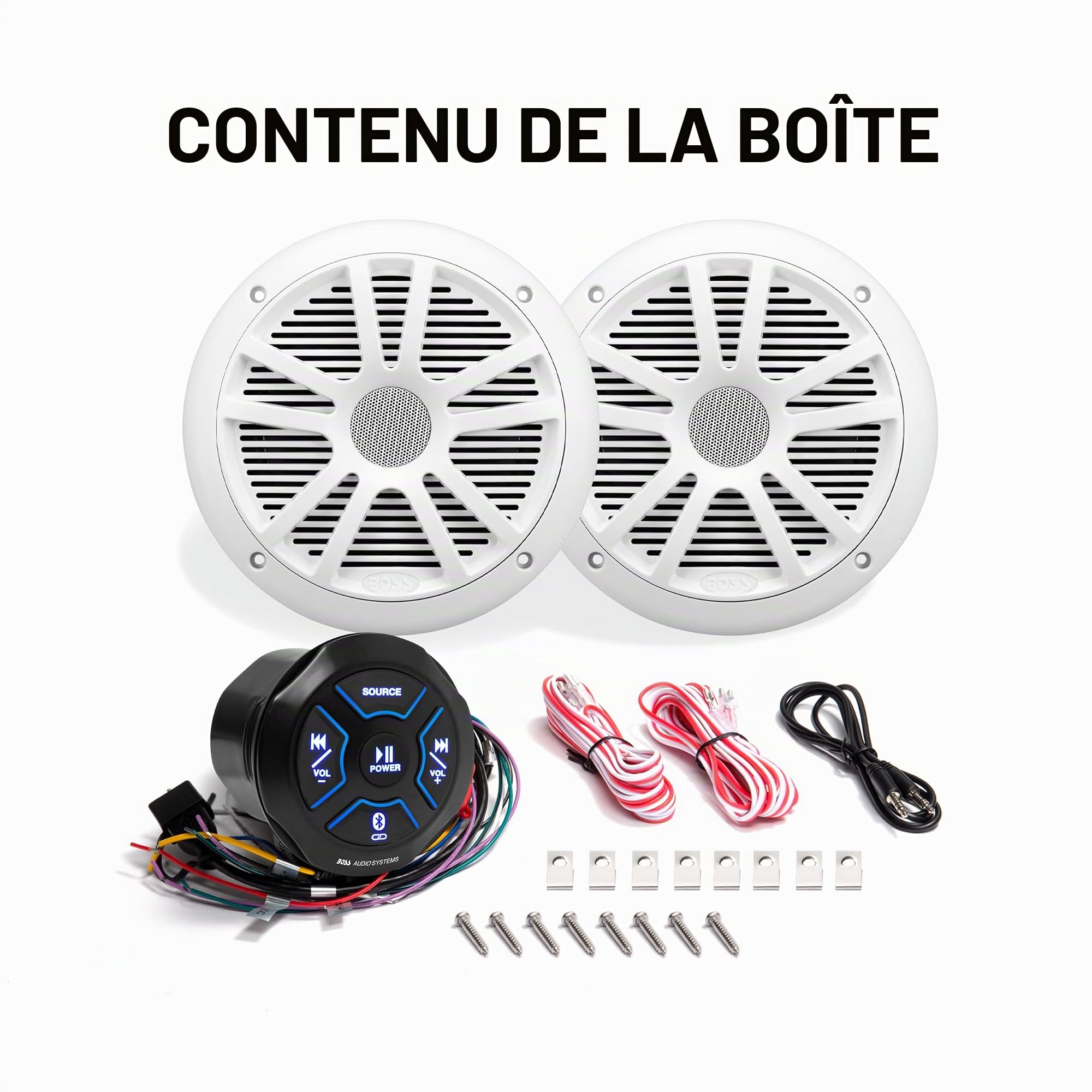 BOSS Audio Systems MG150W.6 Haut-parleurs marins et récepteur Bluetooth (amplificateur 2 CH intégré) - IPX6 résistant aux intempéries, entrée USB, entrée auxiliaire
