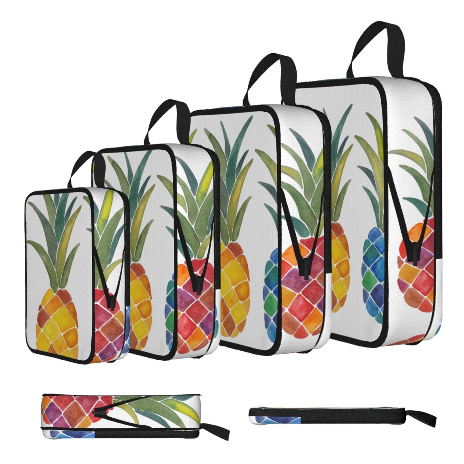 Colorful Pineapples Print Compression Packing Cubes 4-Piece Set With Multi- Compartment Travel Bag, Waterproof Suitcase Organiser Bags
