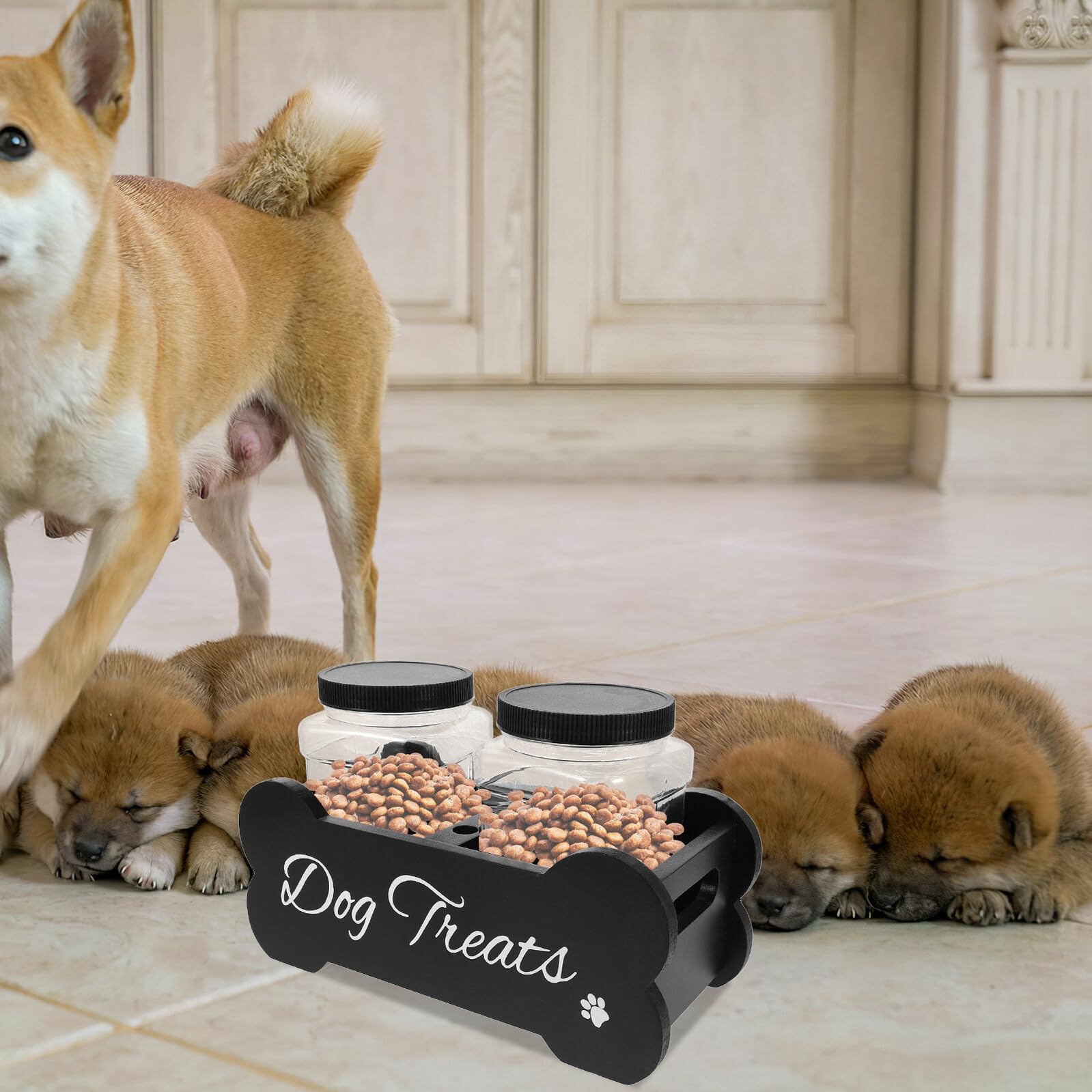 Holz Hundeleckerli Box mit Luftdichtem Verschluss Großer Stauraum für Haustiersnacks Robuster Holzständer für Futteraufbewahrung für Mehrere Hunde Praktische Hund Futterstation