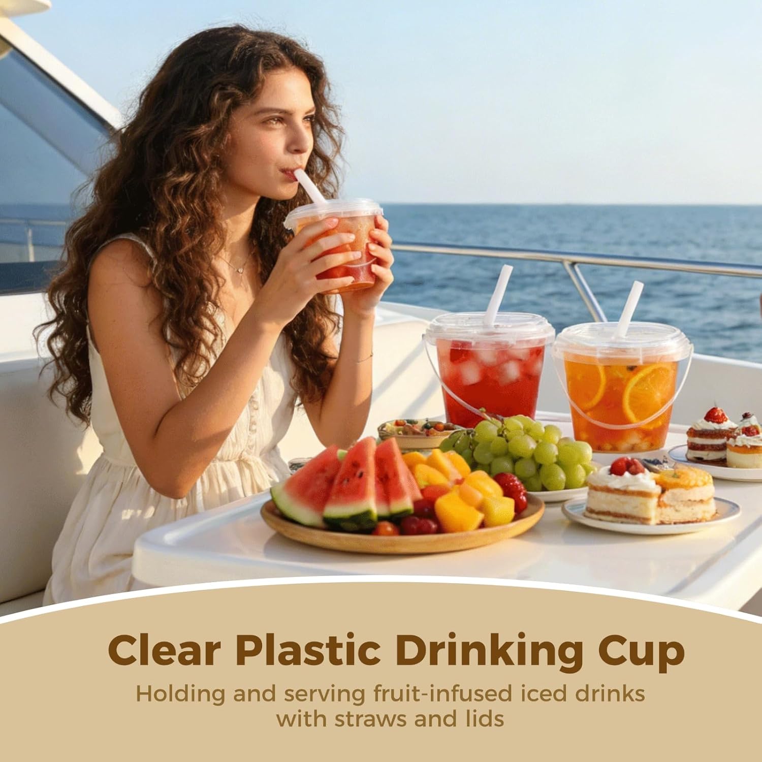 50 Sets 24oz Clear Plastic Drink Buckets with Lids and Straws, Disposable Bucket Cups, Iced Coffee Cups Cocktail Drink Buckets for Outdoor Holiday Beach Birthday Pool Party Supplies (Clear)