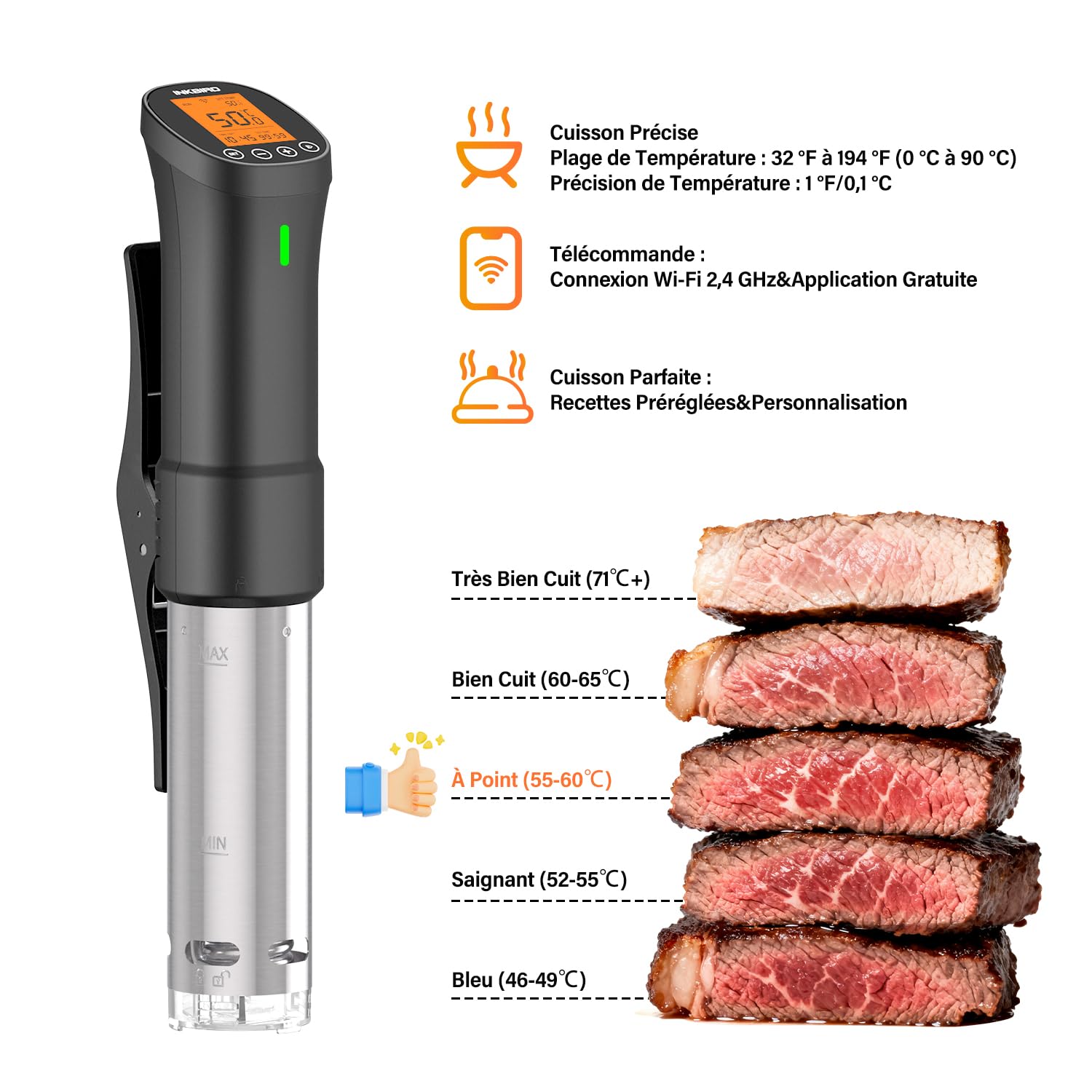Inkbird ISV-200W Cuiseur Sous Vide WiFi,Cuiseur Oeuf Thermoplongeur Sous Vide Cooker 1000W,Calculateur d'Immersion Cuisinière Thermostat Réglable,Contrôle Précis pour Viande,Oeuf,Légumes