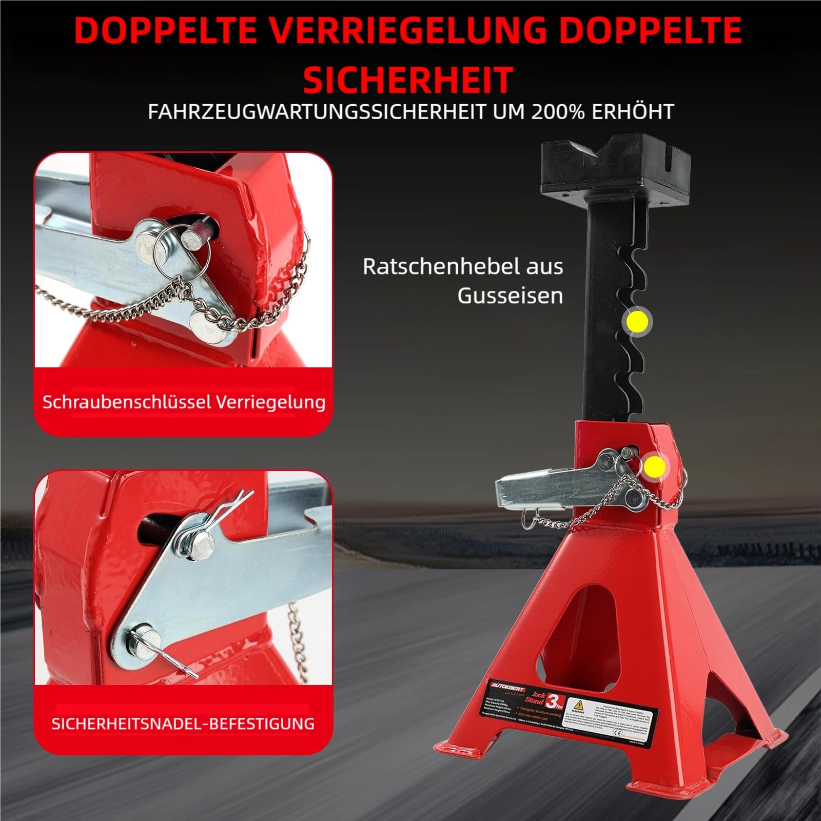 AUTOXBERT Unterstellböcke KFZ Höhenverstellbare, 2er Set mit je 3 t Tragkraft, mit Gummiauflage und Sicherungssystem, Hubhöhe 280-430 mm, für Auto und PKW