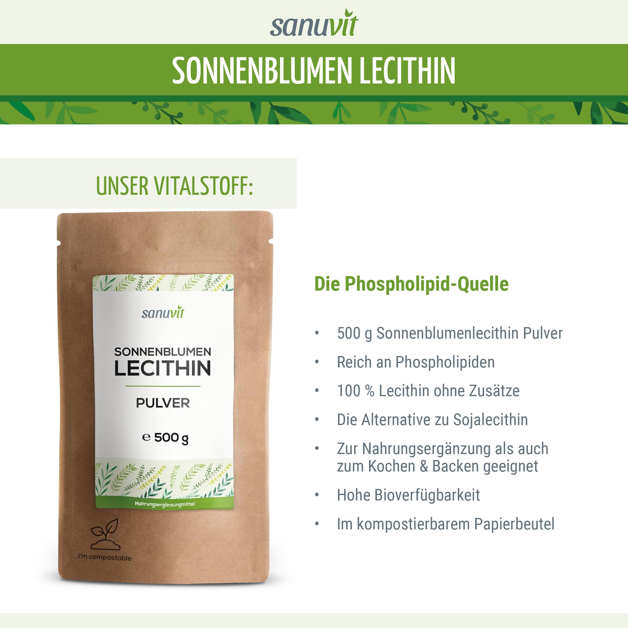 Sonnenblumen-Lecithin Pulver 500 g | Reinlecithin | Hohe Bioverfügbarkeit | Pulver zum Kochen & Backen | vegan