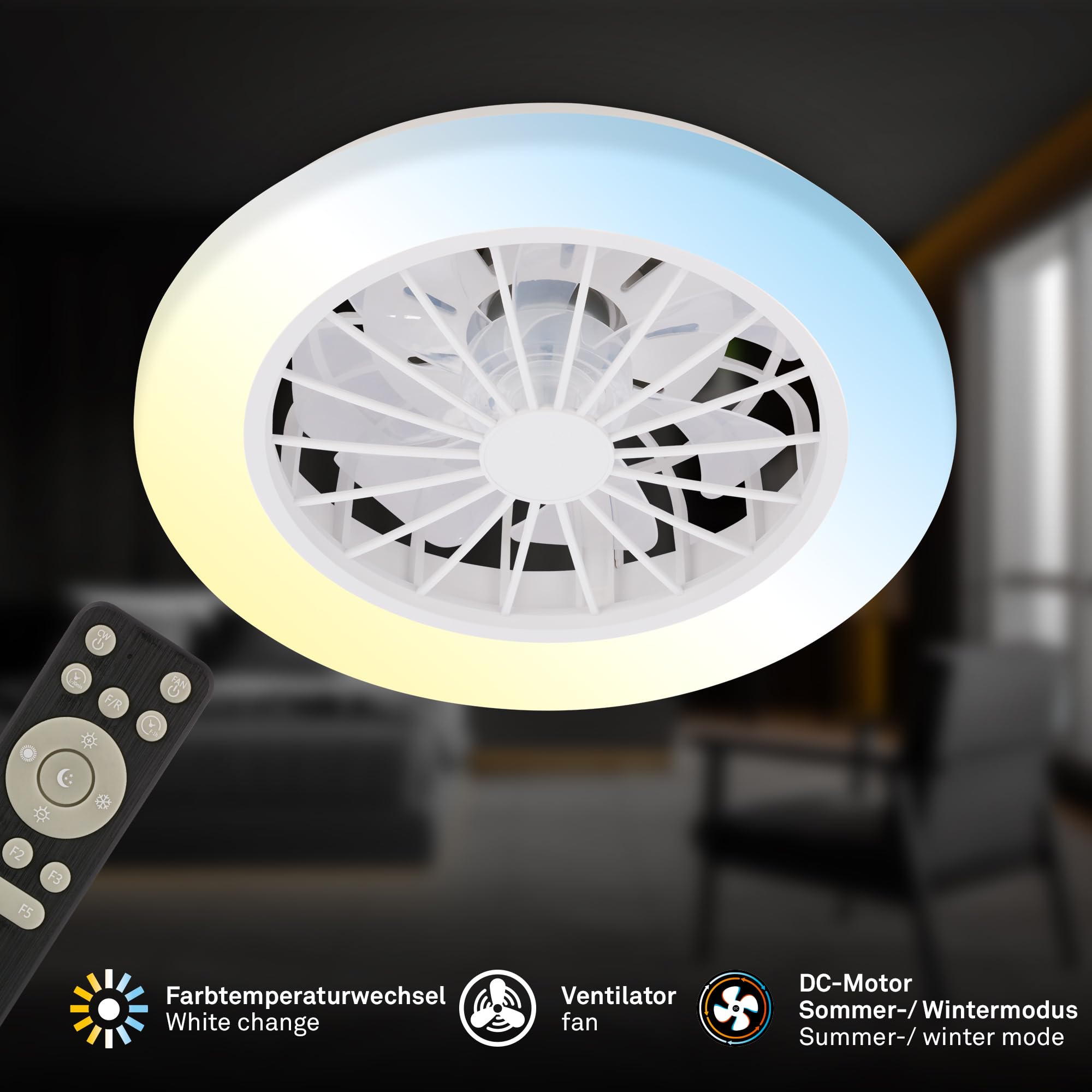 BRILONER - Ventilador de techo con luz LED, mando a distancia, motor DC silencioso con 5 velocidades, CCT y luz regulable, lámpara ventilador techo dormitorio, 38 x 14 cm, blanco