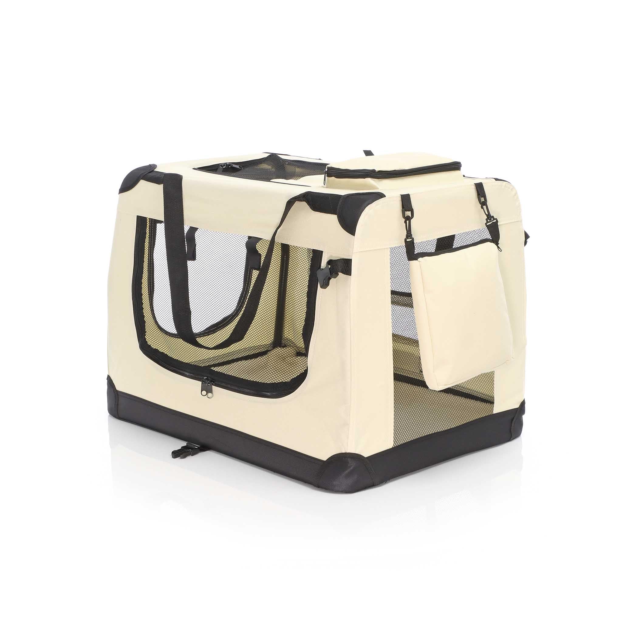 Fudajo Caisse de Transport - Taille L / 70 x 52 x 50 cm/Charge Max 15 kg - Couleur Beige - Pliable - avec Poignée Couverture - Cage boîte de vovage pour Chient Chats Animaux domestiques
