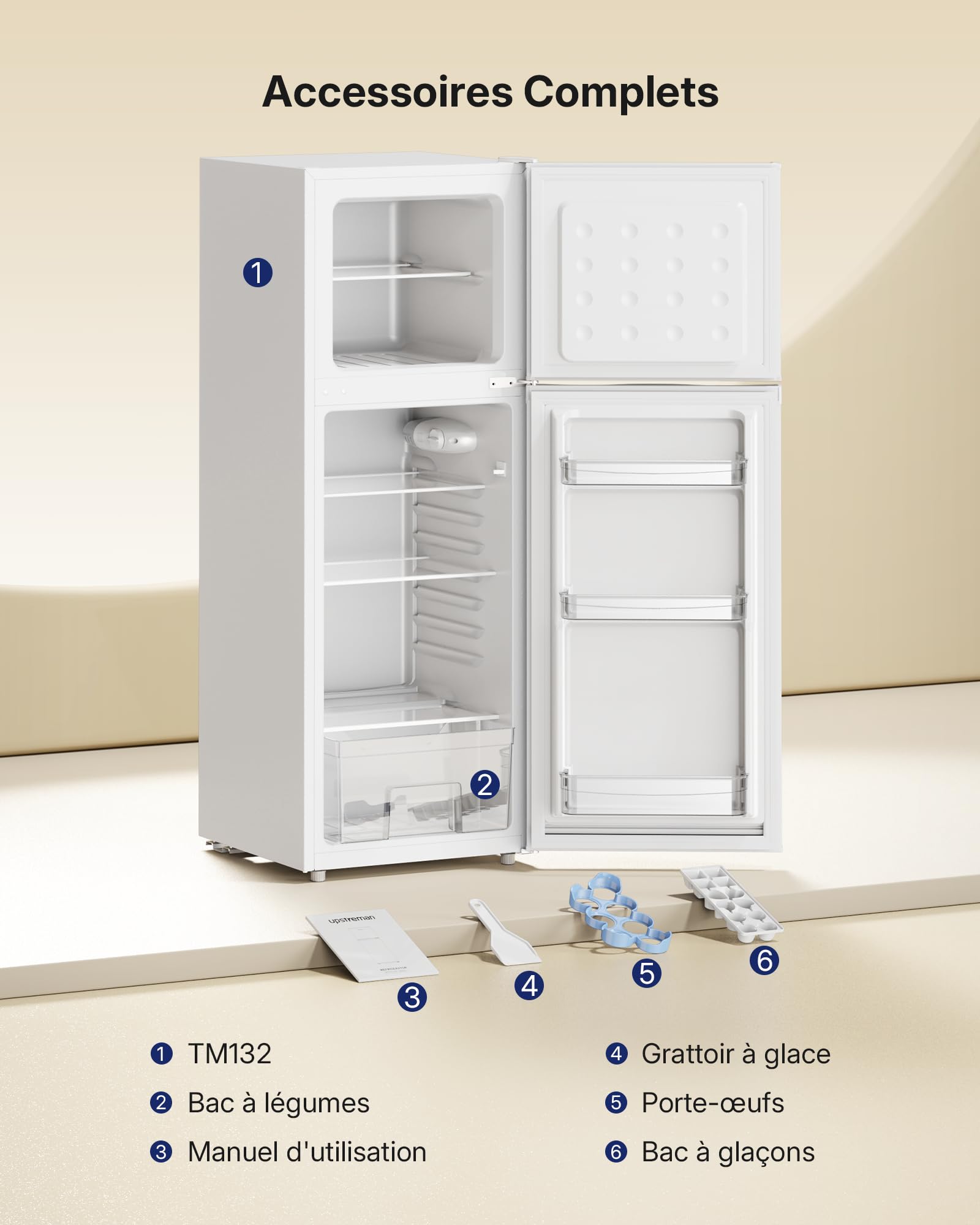 Upstreman Frigo Congélateur Combiné Indépendant 132L (98L Réfrigération + 34L Congélation), 7 Niveaux de Température, Refroidissement rapide, Frigo Blanc pour Studio, Appartement et Bureau, TM132