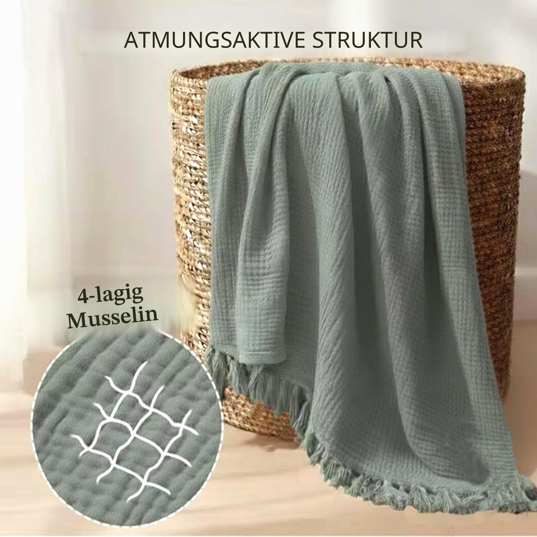 KyraHome Überwurfdecke aus 100% Bio-Musselin-Baumwolle für Couch, Männer, Frauen, Sofa, 4 Schichten, gemütlich, leichte Decke für alle Jahreszeiten (152.4x203.2 cm Altersgrün)