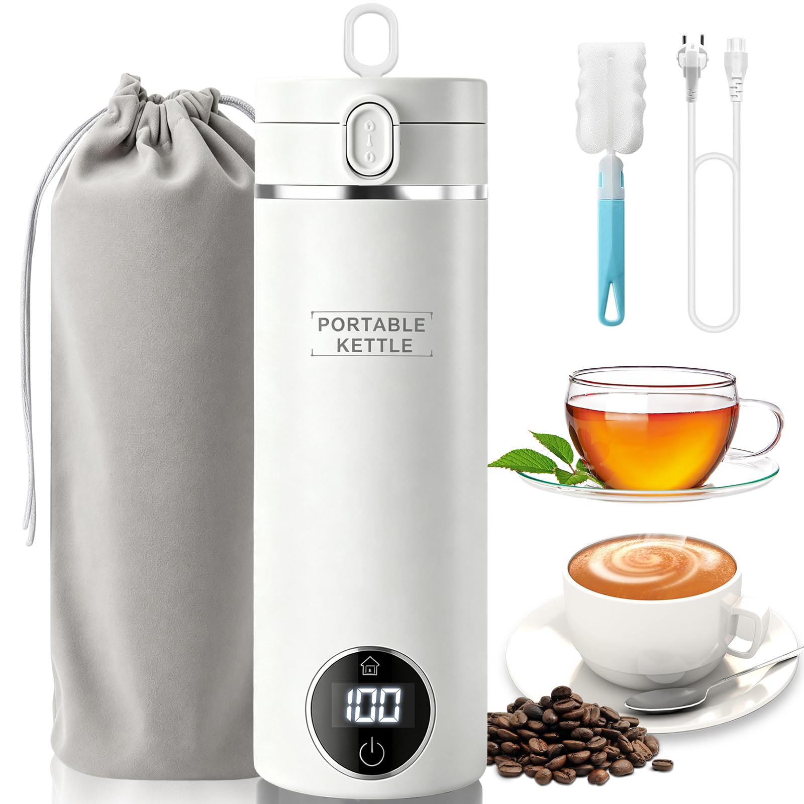 Wasserkocher Klein 316 Edelstahl 0 5 liter, Thermoskanne Baby Unterwegs Schnelles Kochwasser mit 6 Temperatureinstellungen, Mini Camping Reisewasserkocher Kaffeemaschine Heißwasserspender Kettle, Weiß