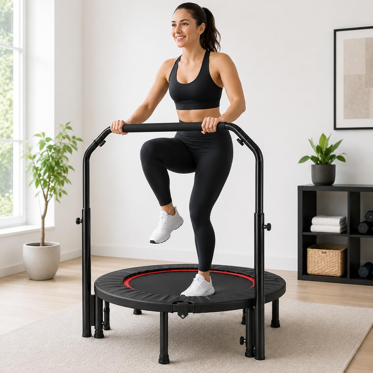 Trampolina fitness Rebounder z regulowanym uchwytem piankowym, przenośny sprzęt do ćwiczeń dla dorosłych, treningi wewnątrz i na zewnątrz, maksymalne obciążenie 150 kg
