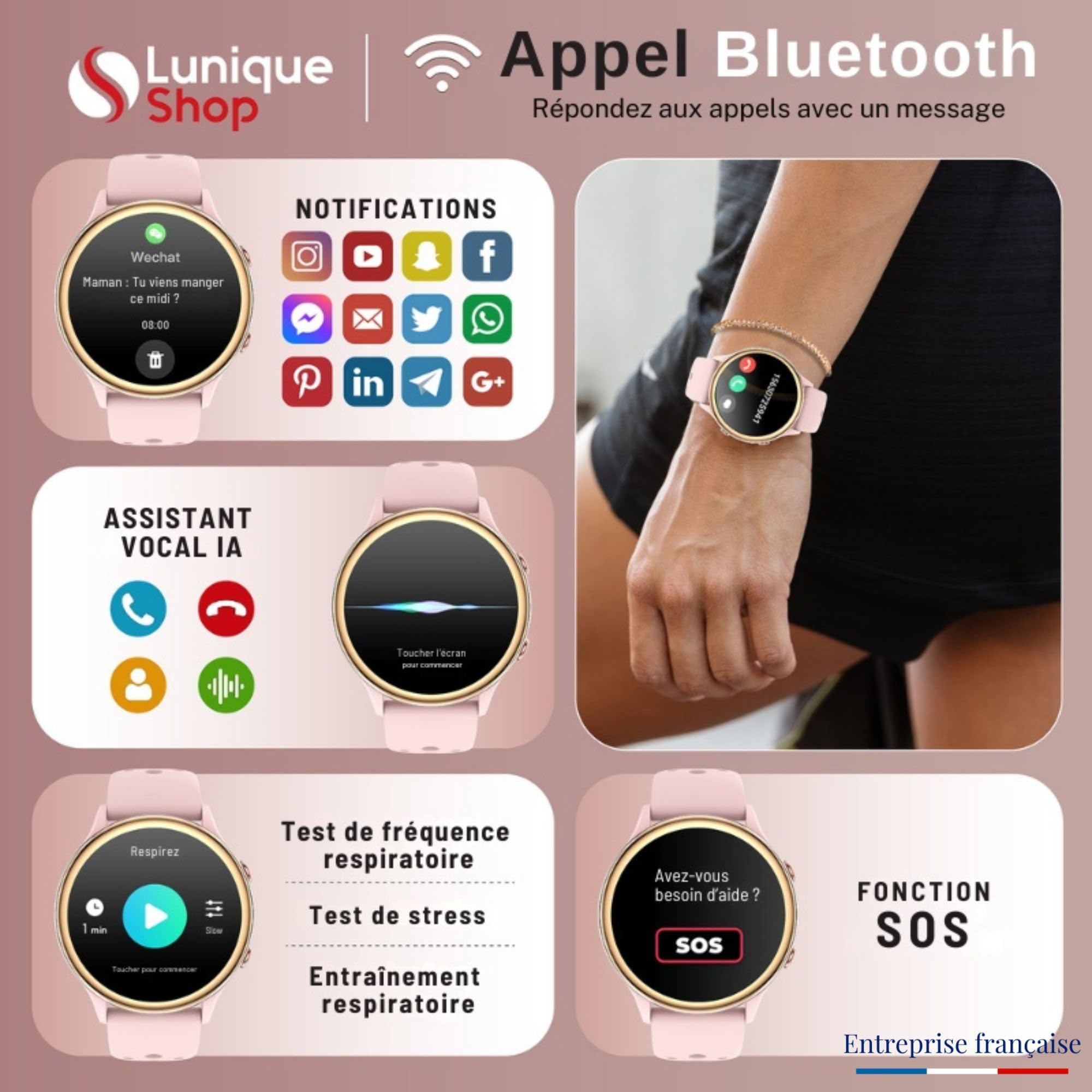 Montre Connectée Femme avec Bracelet Cadeau Appel Bluetooth 1,37" HD Smartwatch Fonction Féminine Fréquence Cardiaque Sommeil SpO2 70+ Sports UV Calories iOS Android