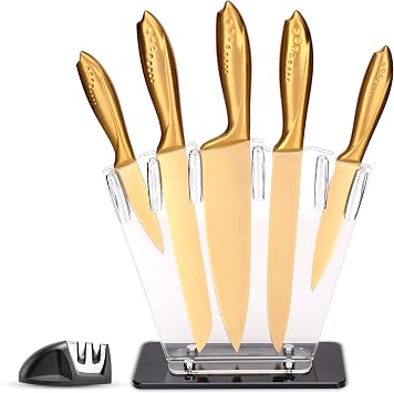 Kitchen Knife Set, 7 Pieces Stainless Steel Kitchen Knife Set with Clear Acrylic Block and Sharpener, Non-Stick Kitchen Knife for Cutting of Meat Vegetables and Fruits-Gold